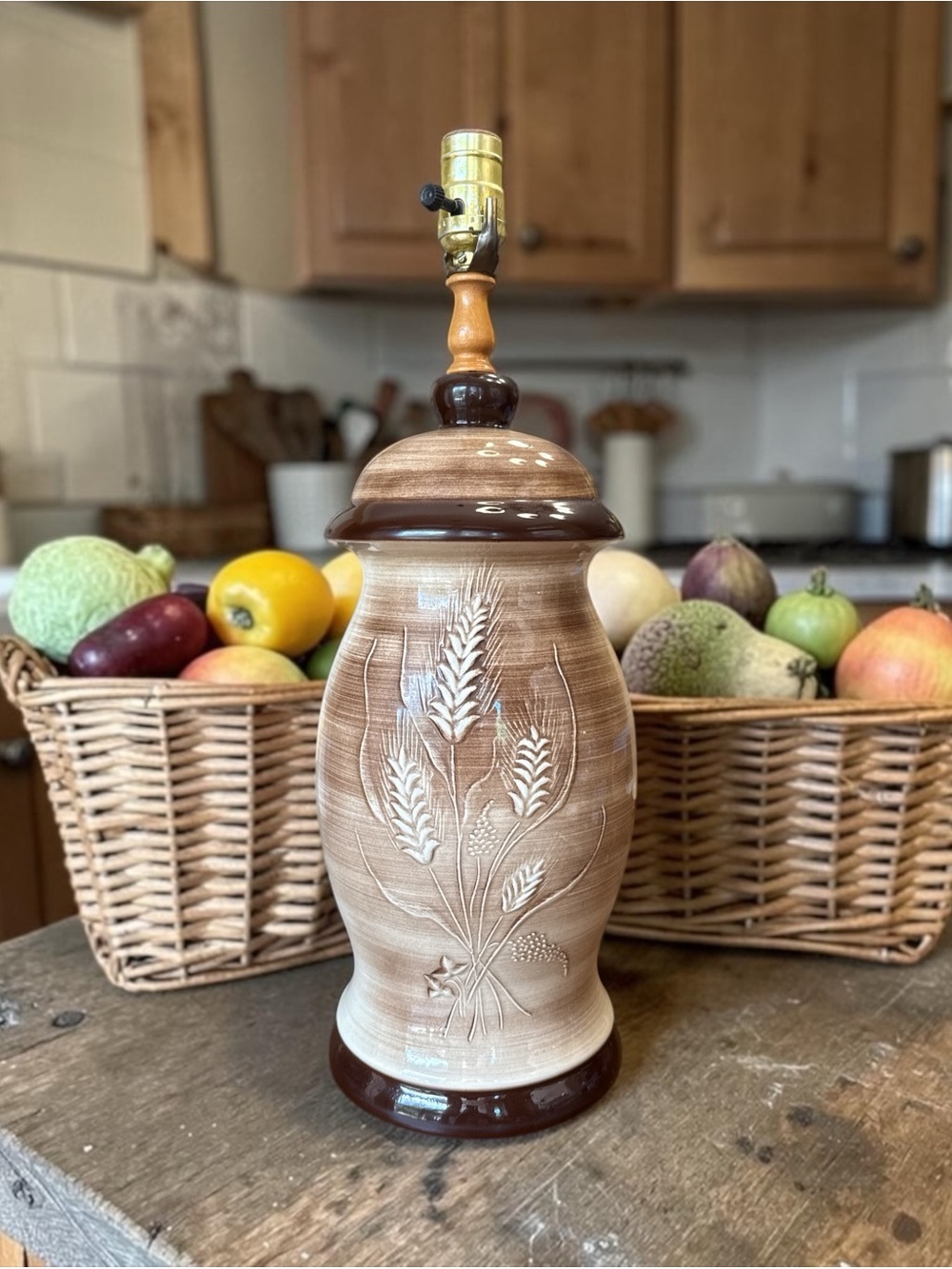 Vintage Mid Century Studio Pottery Table Lamp Wheat Motif